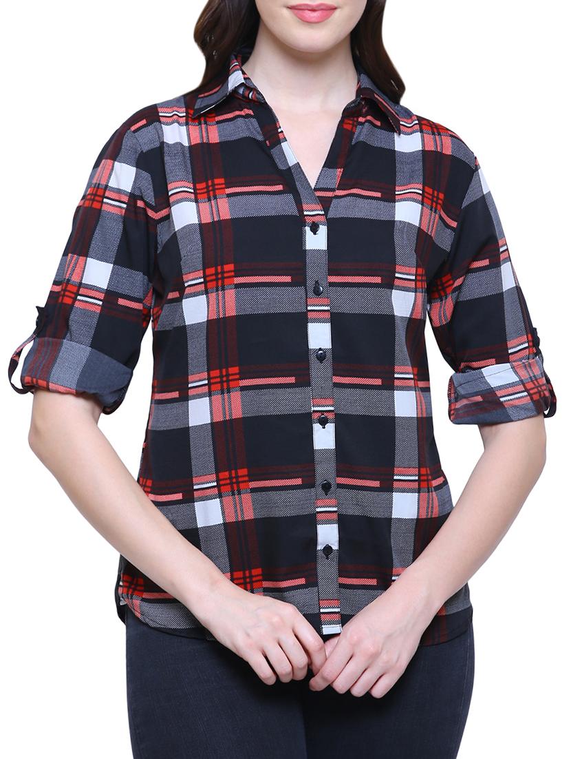 navy checkered roll tab sleeved shirt - 15778799 - Zoom Image - 0