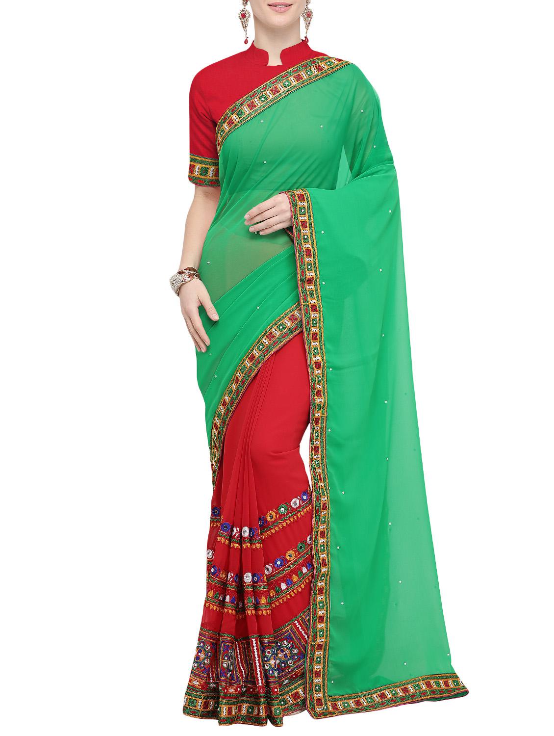 half and half ethnic motif embroidered saree with blouse - 15780199 - Zoom Image - 0