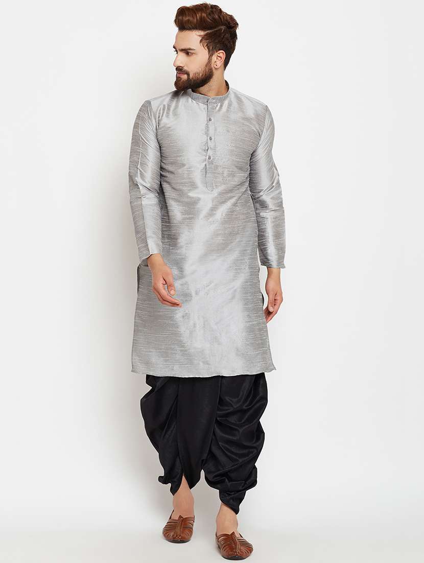 silver silk blend dhoti kurta set - 15781706 - Zoom Image - 0