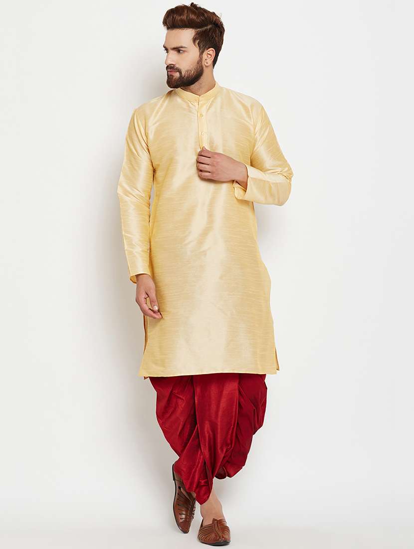 beige silk blend dhoti kurta set - 15781711 - Zoom Image - 0