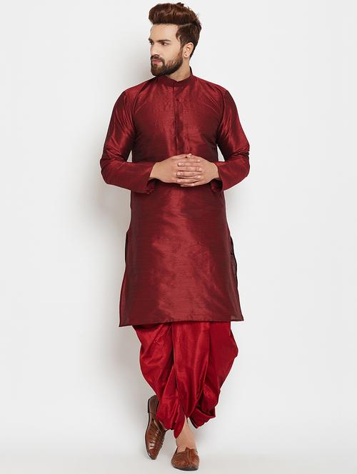 maroon silk blend dhoti kurta set - 15781714 - Standard Image - 0