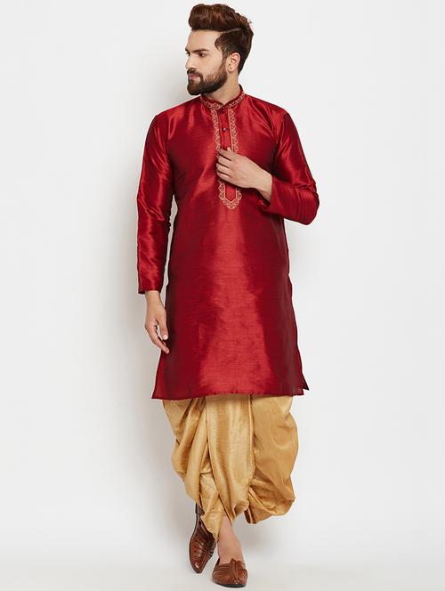 maroon silk blend embroidered dhoti kurta set - 15781717 - Standard Image - 0