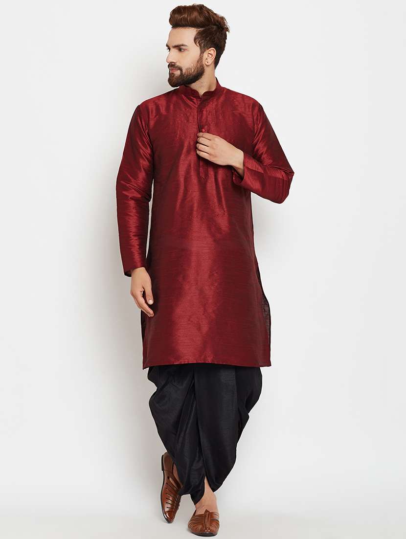 maroon silk blend dhoti kurta set - 15781718 - Zoom Image - 0