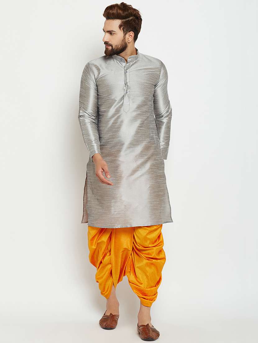 silver silk blend dhoti kurta set - 15781723 - Zoom Image - 0
