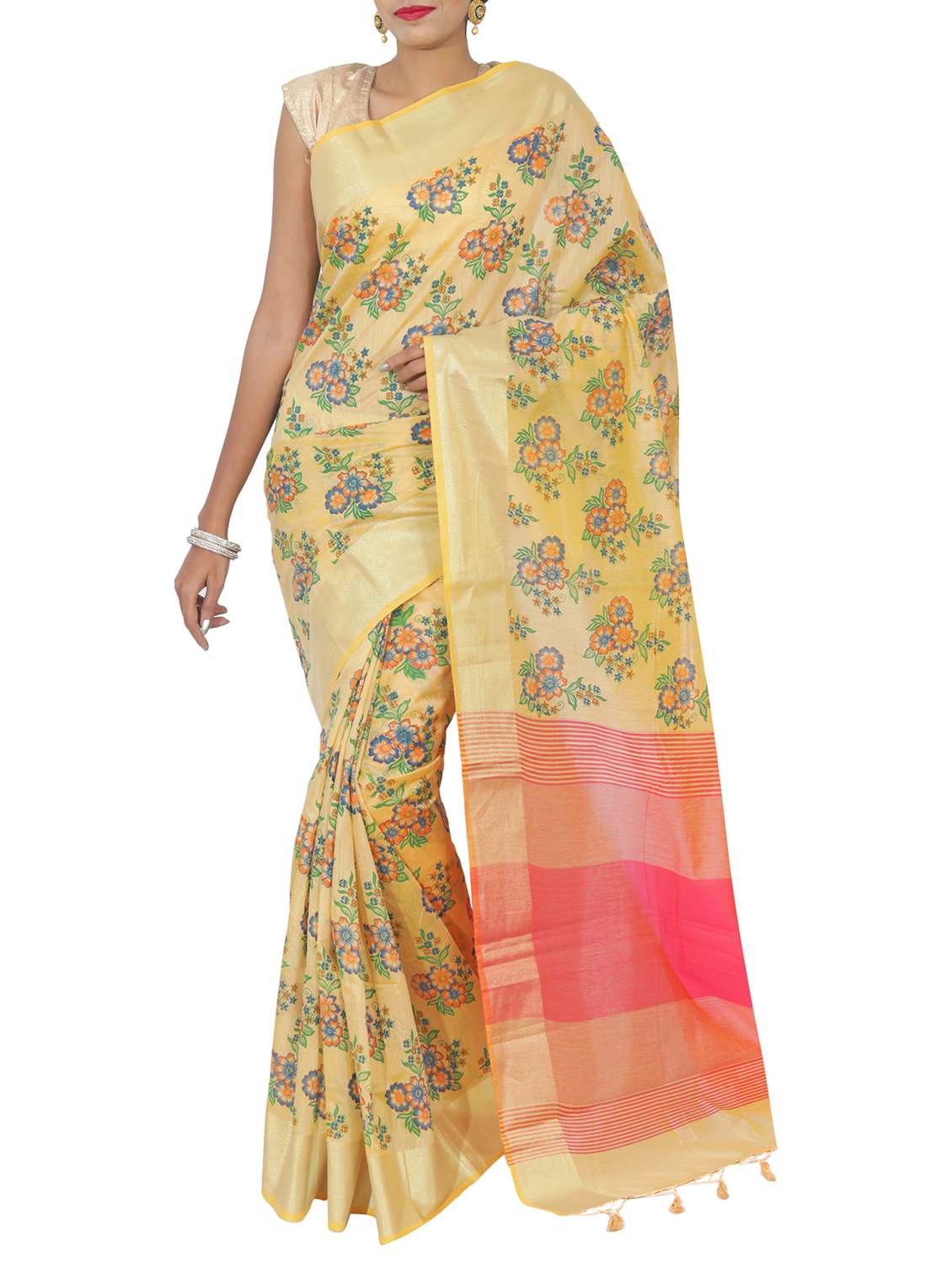 gold border floral printed saree with blouse