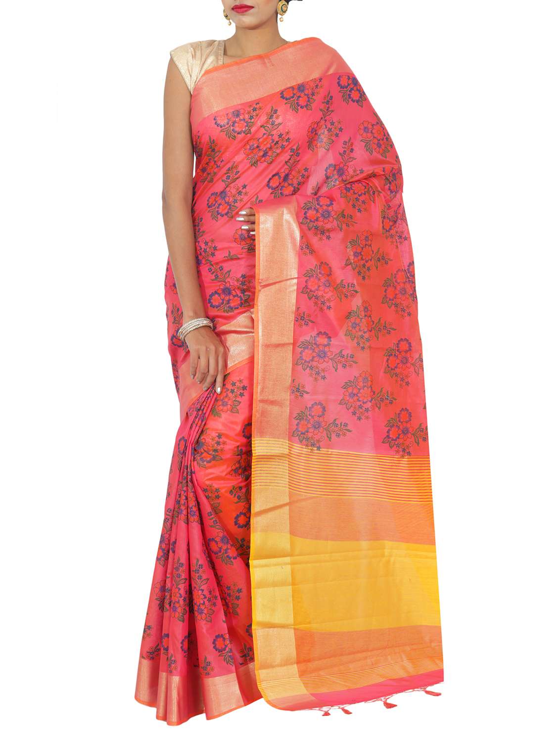 gold border floral printed saree with blouse