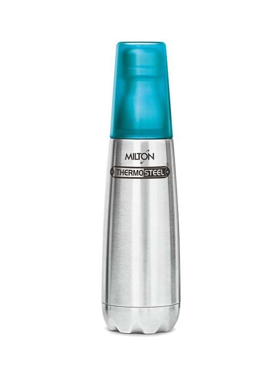 milton vertex thermosteel 750 ml, stainless steel water bottle with tumbler, cyan