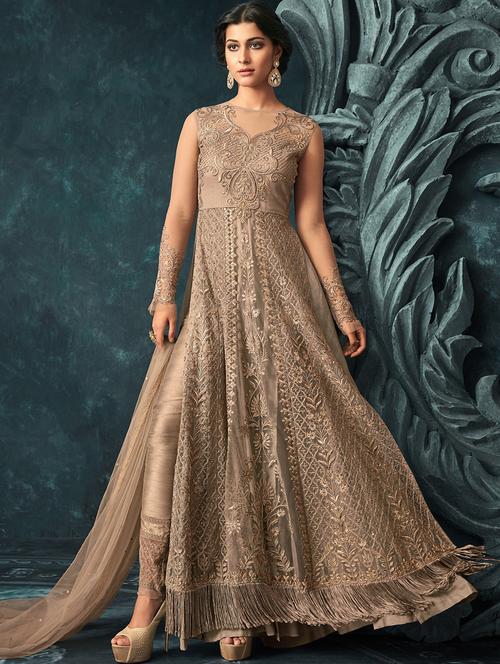 tonal embroidered side slit pant suit - 15795074 - Standard Image - 0