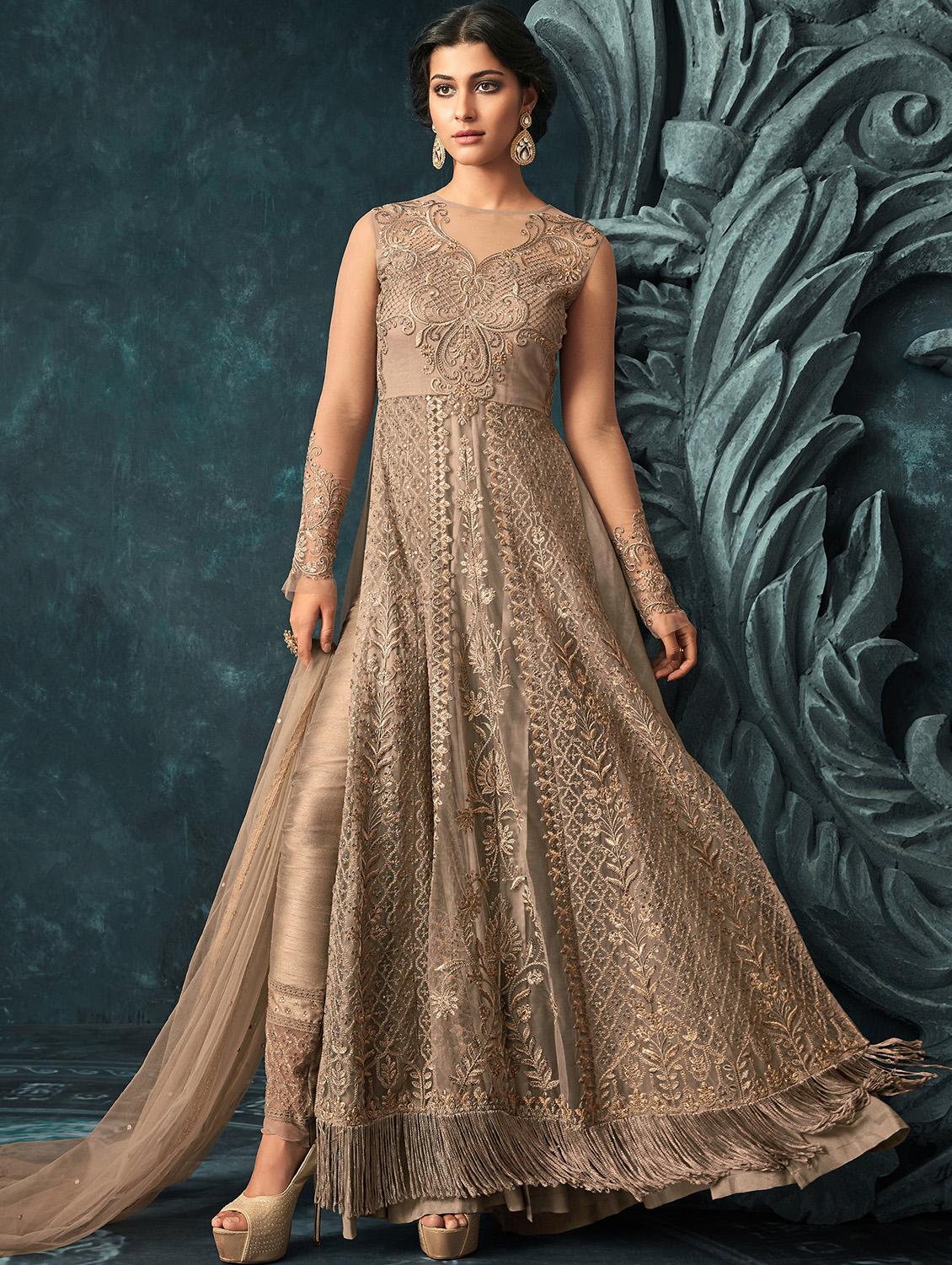 tonal embroidered side slit pant suit - 15795074 - Zoom Image - 0