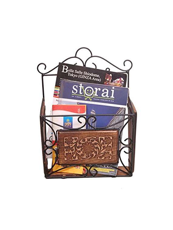 desi karigar wooden & iron magazine holder with handcarving work size(lxbxh-11x4x15) inch - 15796066 - Zoom Image - 0