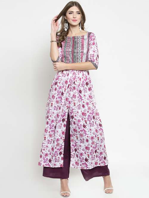 floral flared front slit kurta with palazzo set - 15799840 - Standard Image - 0