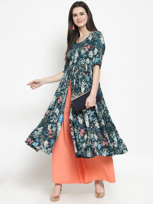 floral front drawstring flared kurta with palazzo set - 15799866 -  Standard Image - 0