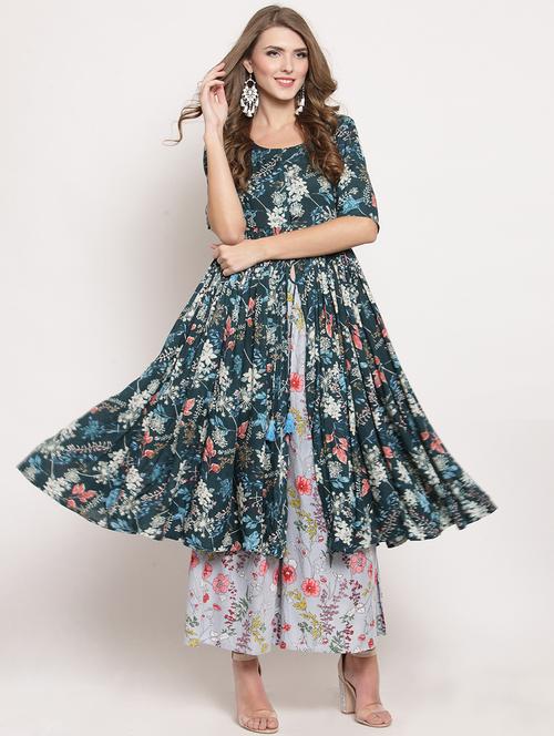floral front drawstring flared kurta with palazzo set - 15799867 - Standard Image - 0