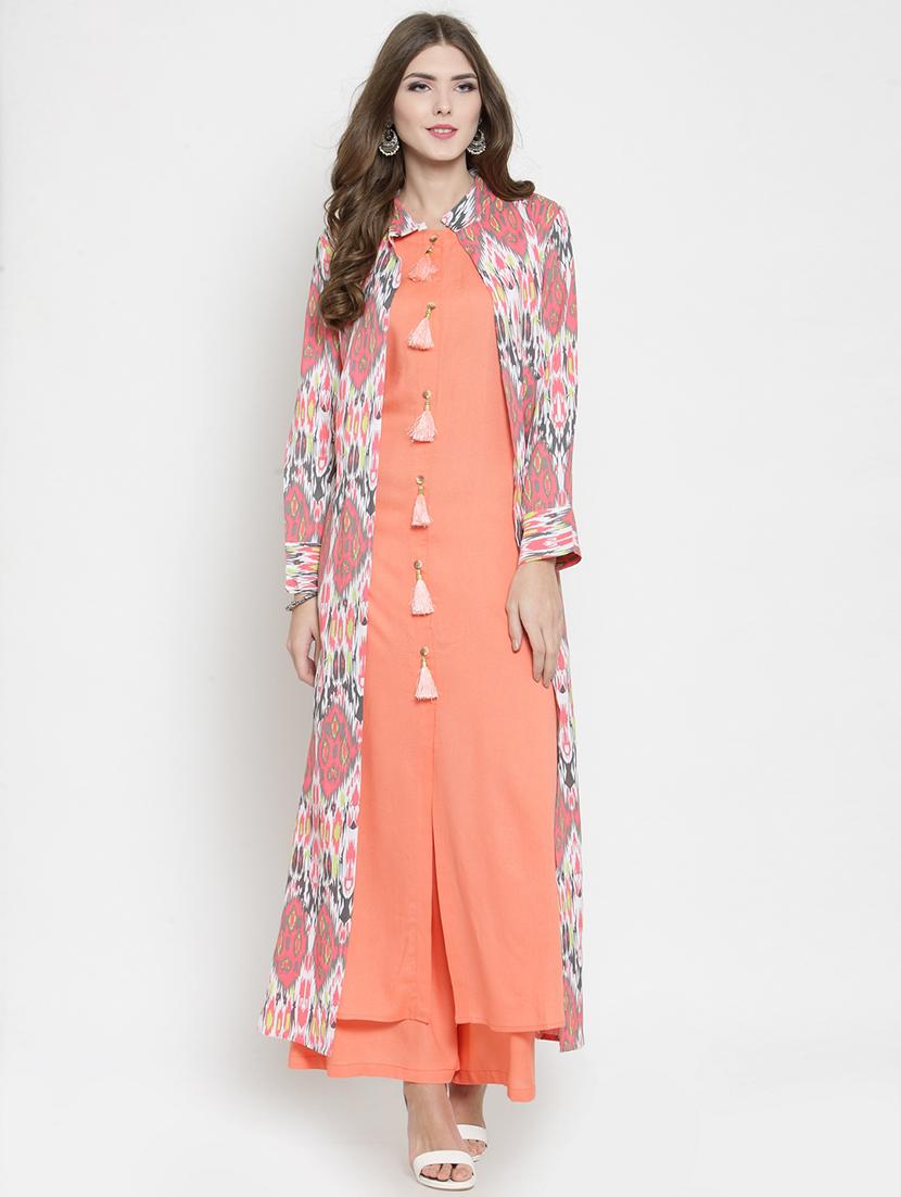 ikat printed layered kurta with palazzo set - 15799870 -  Zoom Image - 0