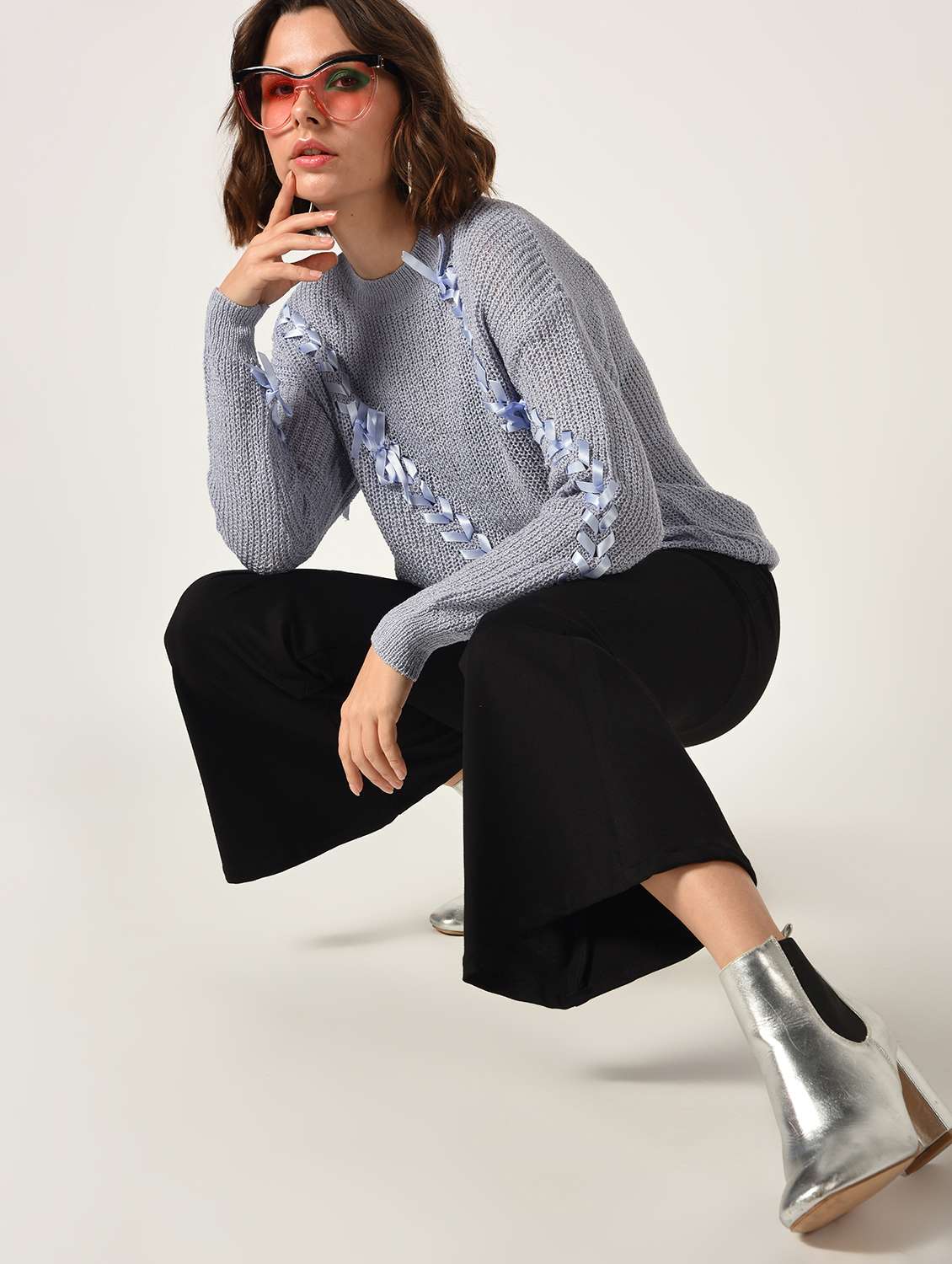 dropped shoulder lace up detail pullover