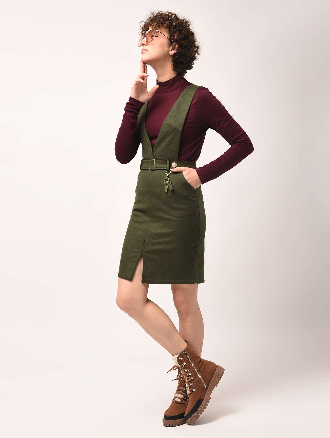 Buy online Front Slit Belt Detail Pinafore Dress from western wear