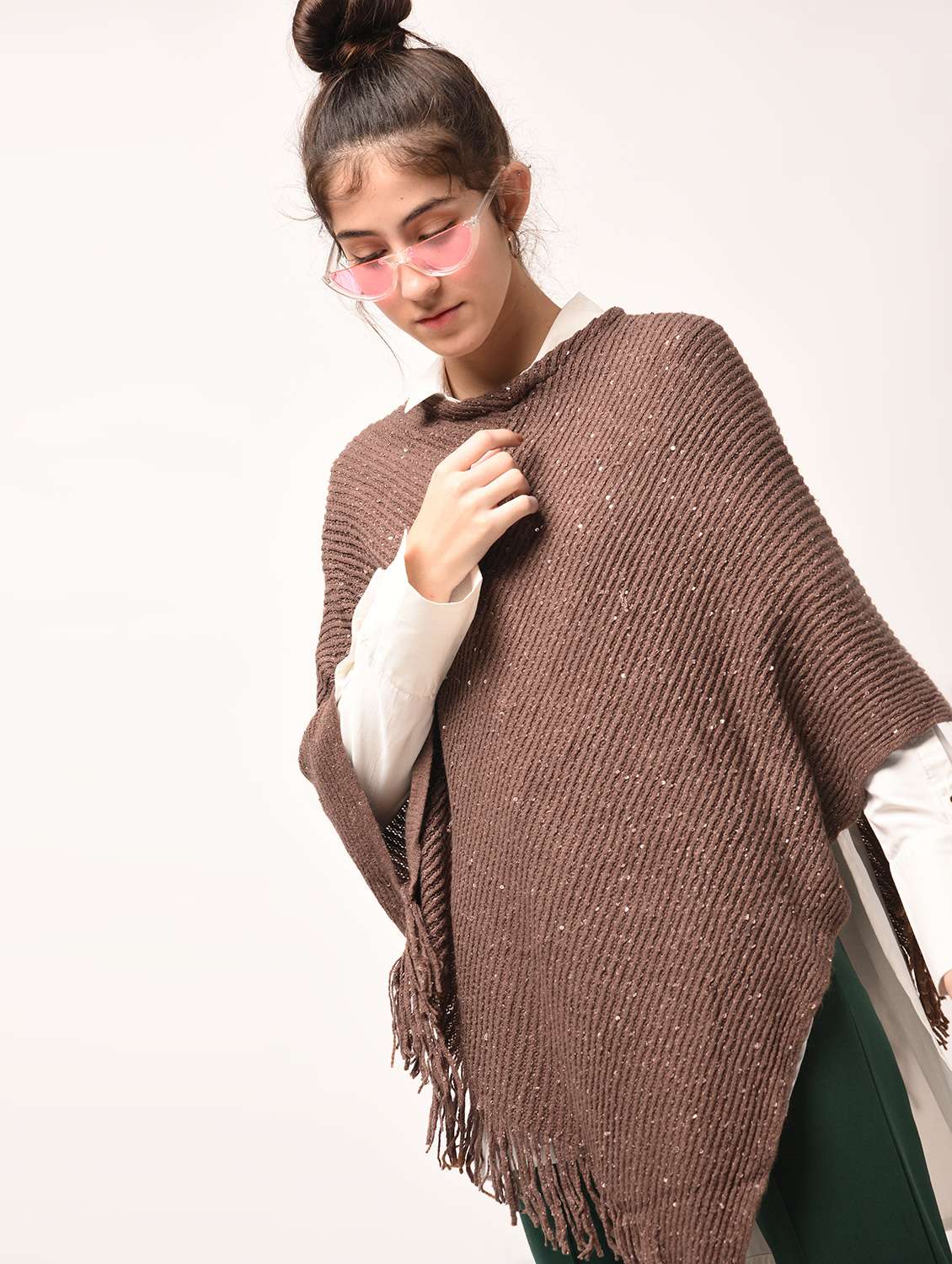 sequined fringed hem wool poncho