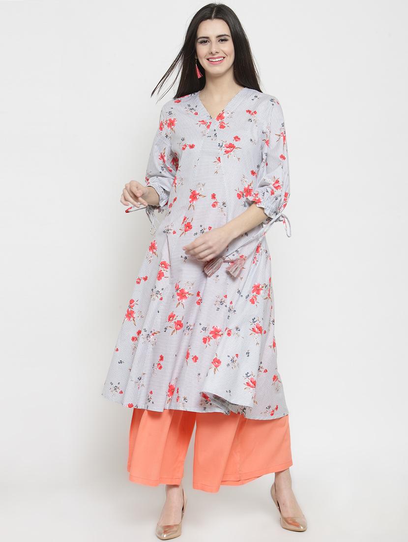 tie up sleeved floral flared kurta palazzo set - 15802767 - Zoom Image - 0