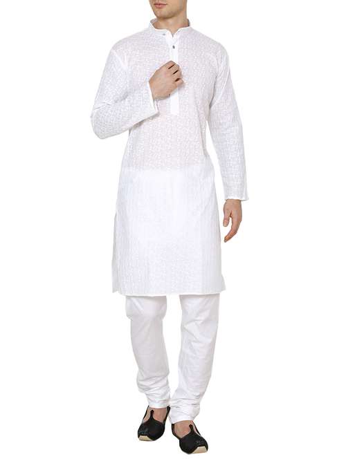 white cotton embroidered long kurta - 15803129 - Standard Image - 0