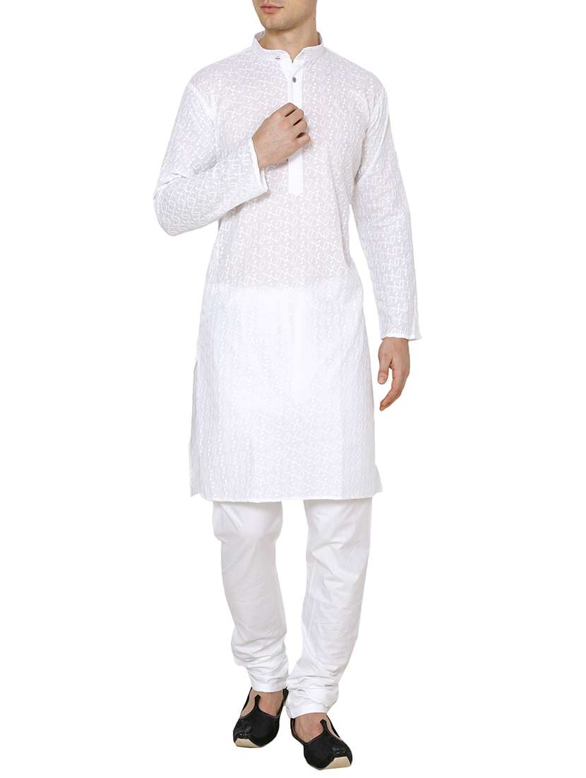 white cotton embroidered long kurta - 15803129 - Zoom Image - 0