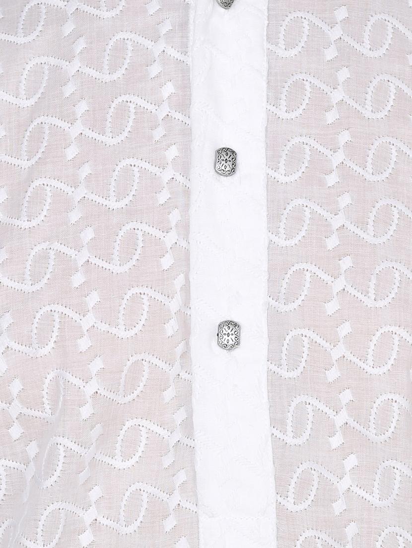 white cotton embroidered long kurta - 15803129 - Standard Image - 3