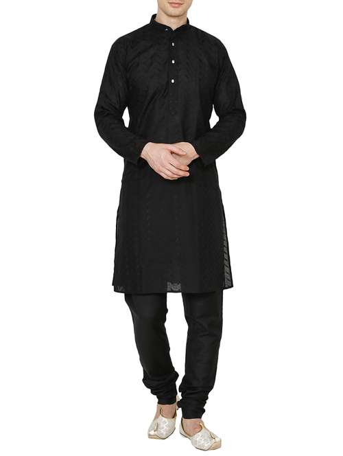 black cotton embroidered long kurta - 15803130 - Standard Image - 0