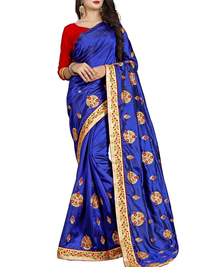 resham embroidered royal blue saree