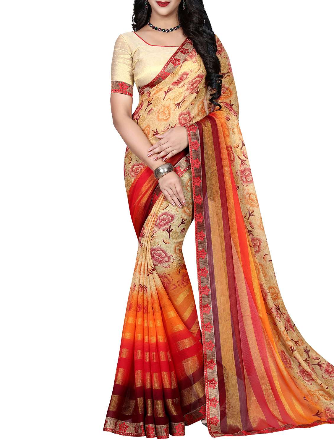 floral motif printed saree with blouse - 15809208 - Zoom Image - 0