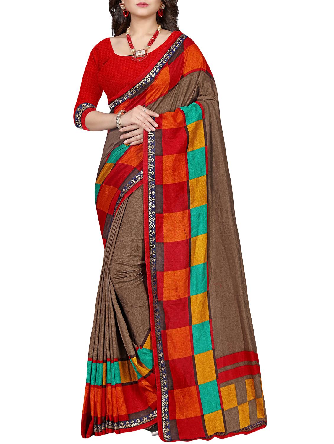 checkered border solid saree with blouse - 15809260 - Zoom Image - 0