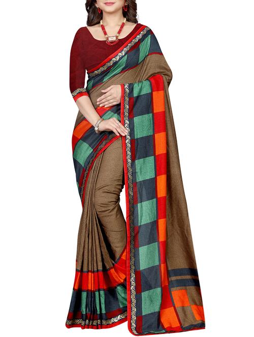 checkered border solid saree with blouse - 15809262 - Standard Image - 0