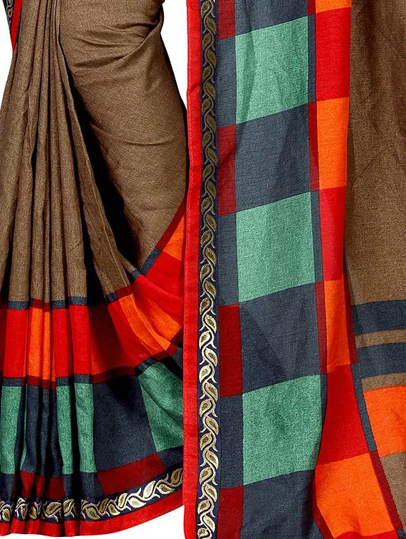checkered border solid saree with blouse - 15809262 - Standard Image - 3