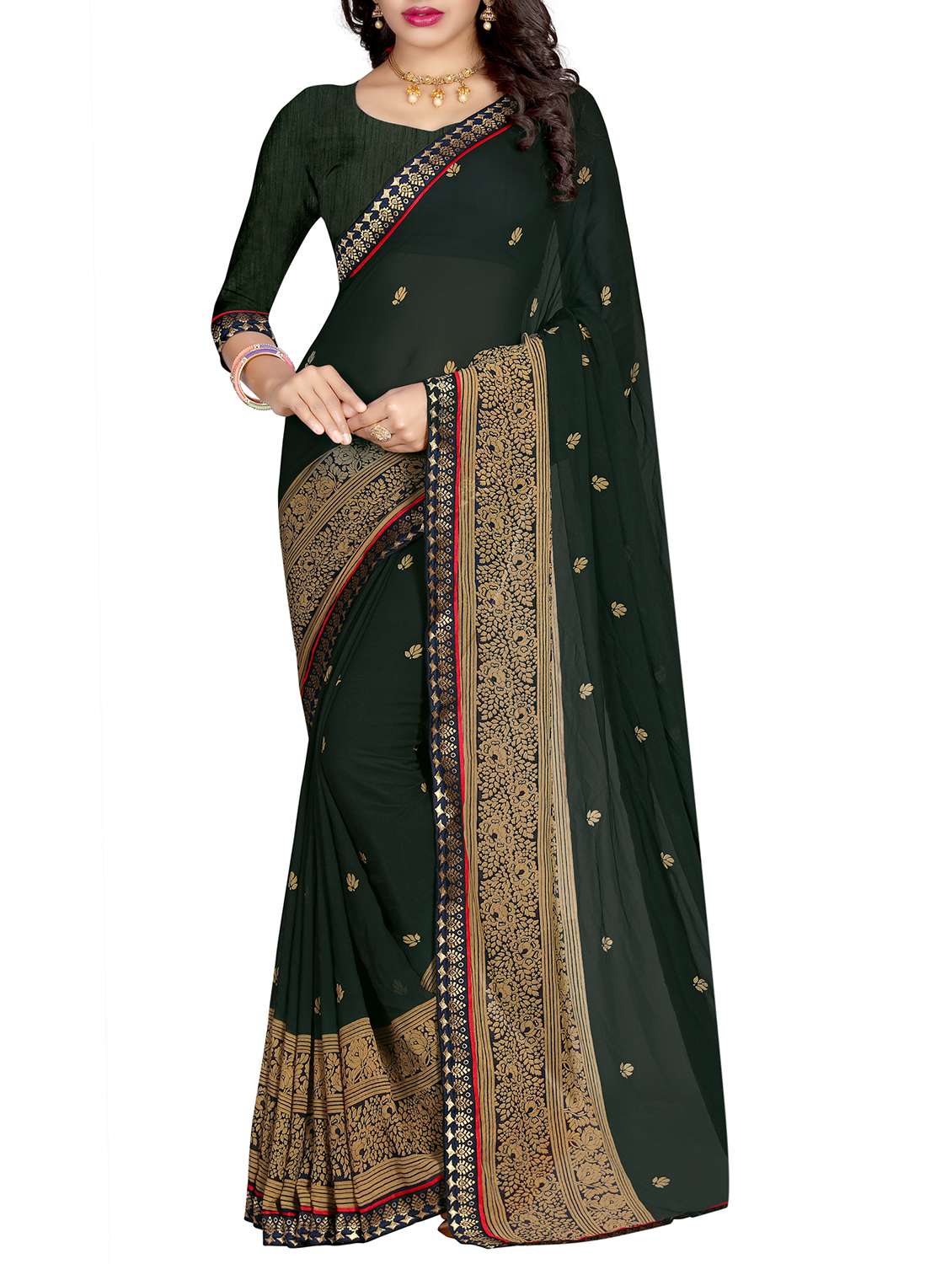 checkered border solid saree with blouse - 15809266 - Zoom Image - 0