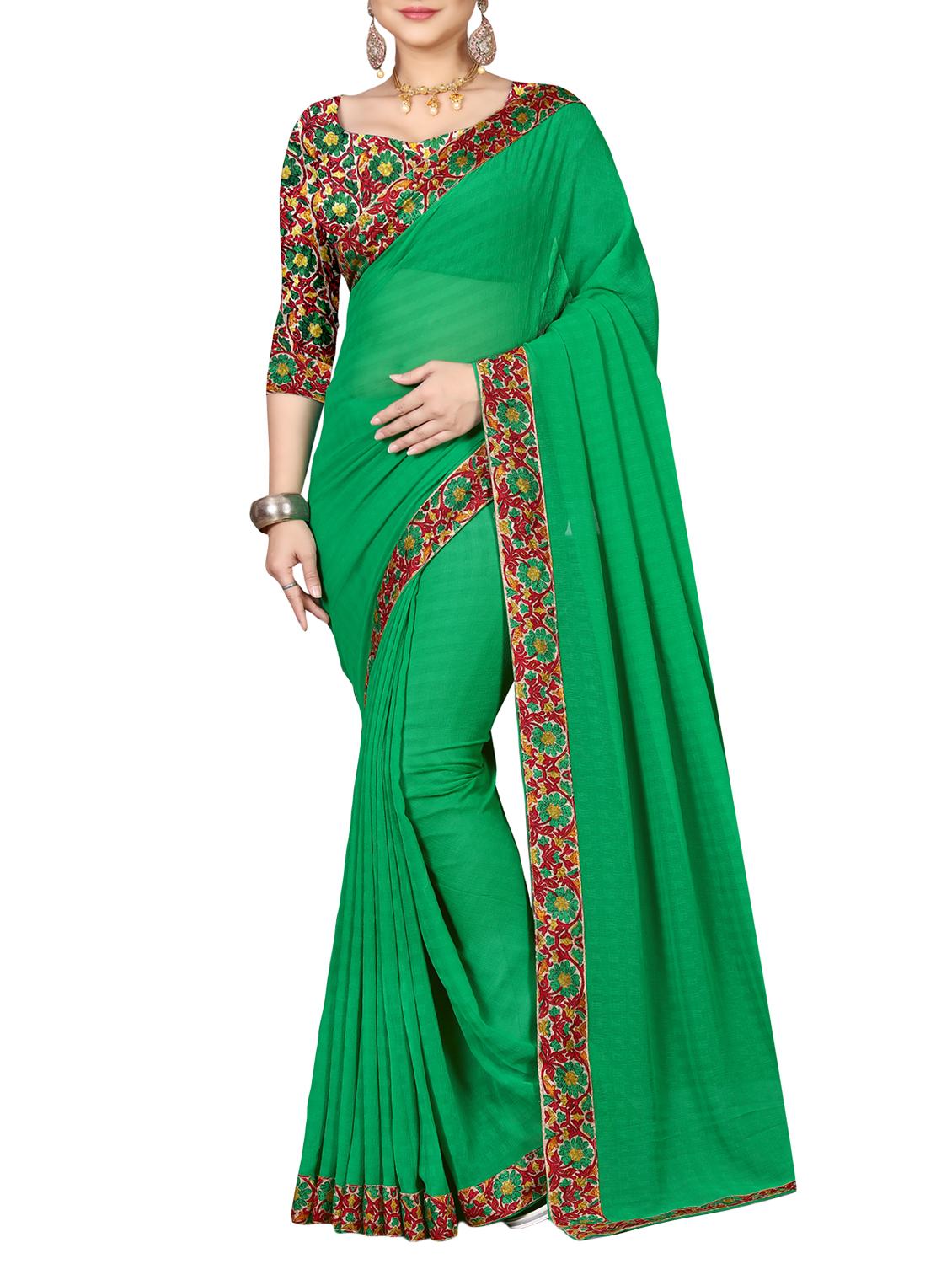 floral printed border solid saree with blouse - 15809277 -  Zoom Image - 0