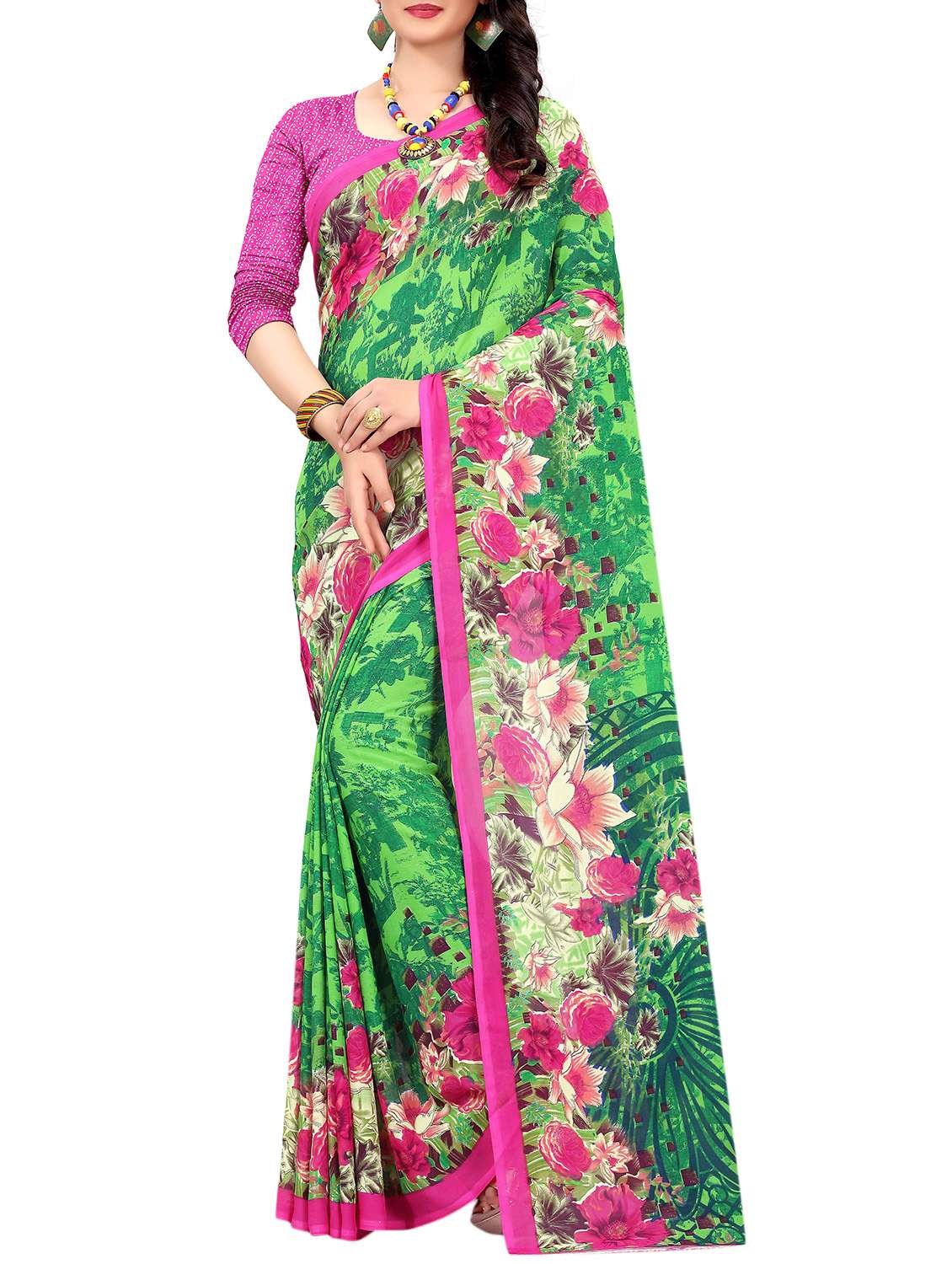 floral printed saree with blouse - 15809287 -  Zoom Image - 0