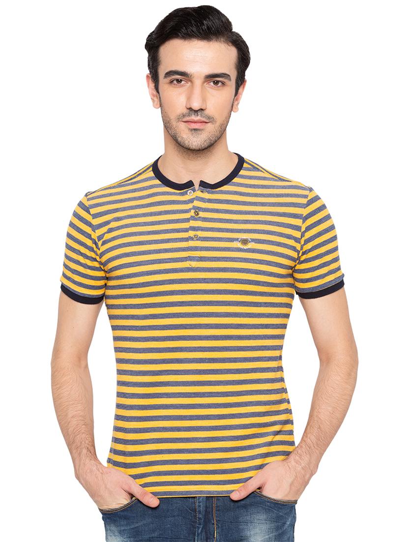 yellow cotton striped henley neck t-shirt - 15810486 - Zoom Image - 0