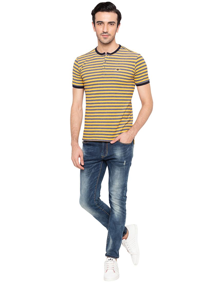 yellow cotton striped henley neck t-shirt - 15810486 - Standard Image - 3