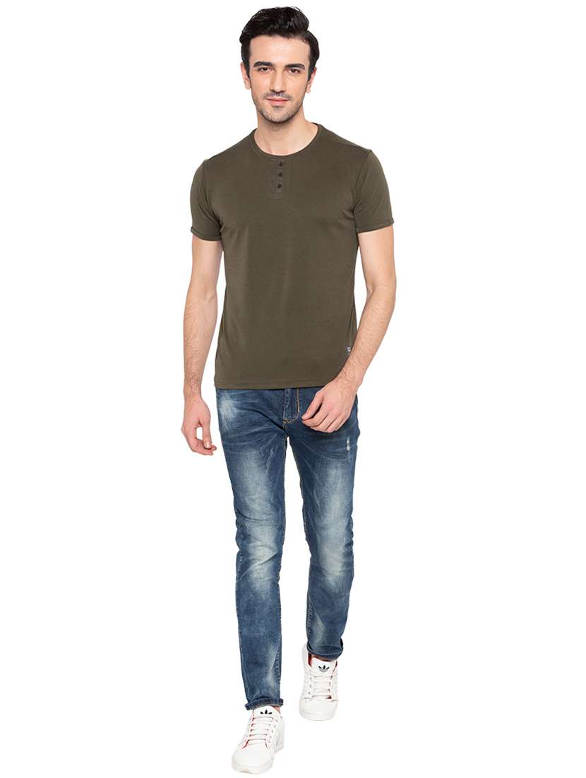 solid olive green round neck t-shirt - 15810490 -  Standard Image - 3