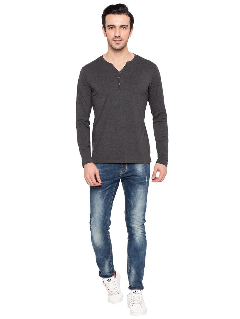 solid grey henley neck t-shirt - 15810502 - Standard Image - 3