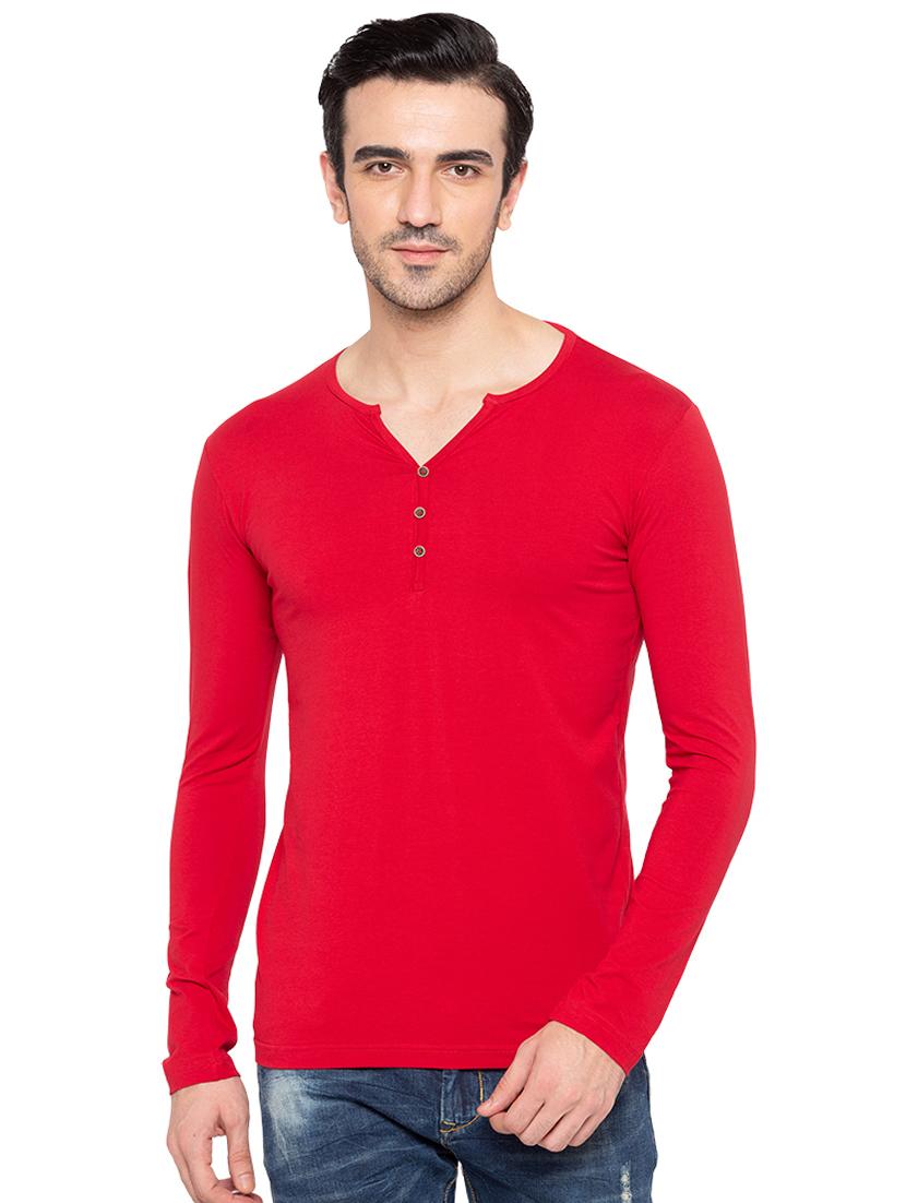 solid red henley neck t-shirt - 15810503 -  Zoom Image - 0