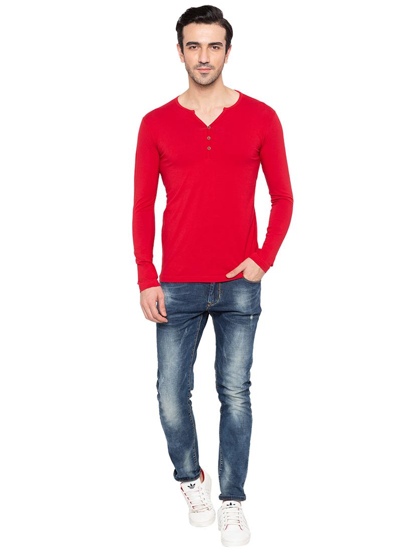 solid red henley neck t-shirt - 15810503 - Standard Image - 3