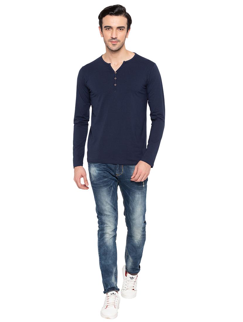 solid blue henley neck t-shirt - 15810505 - Standard Image - 3