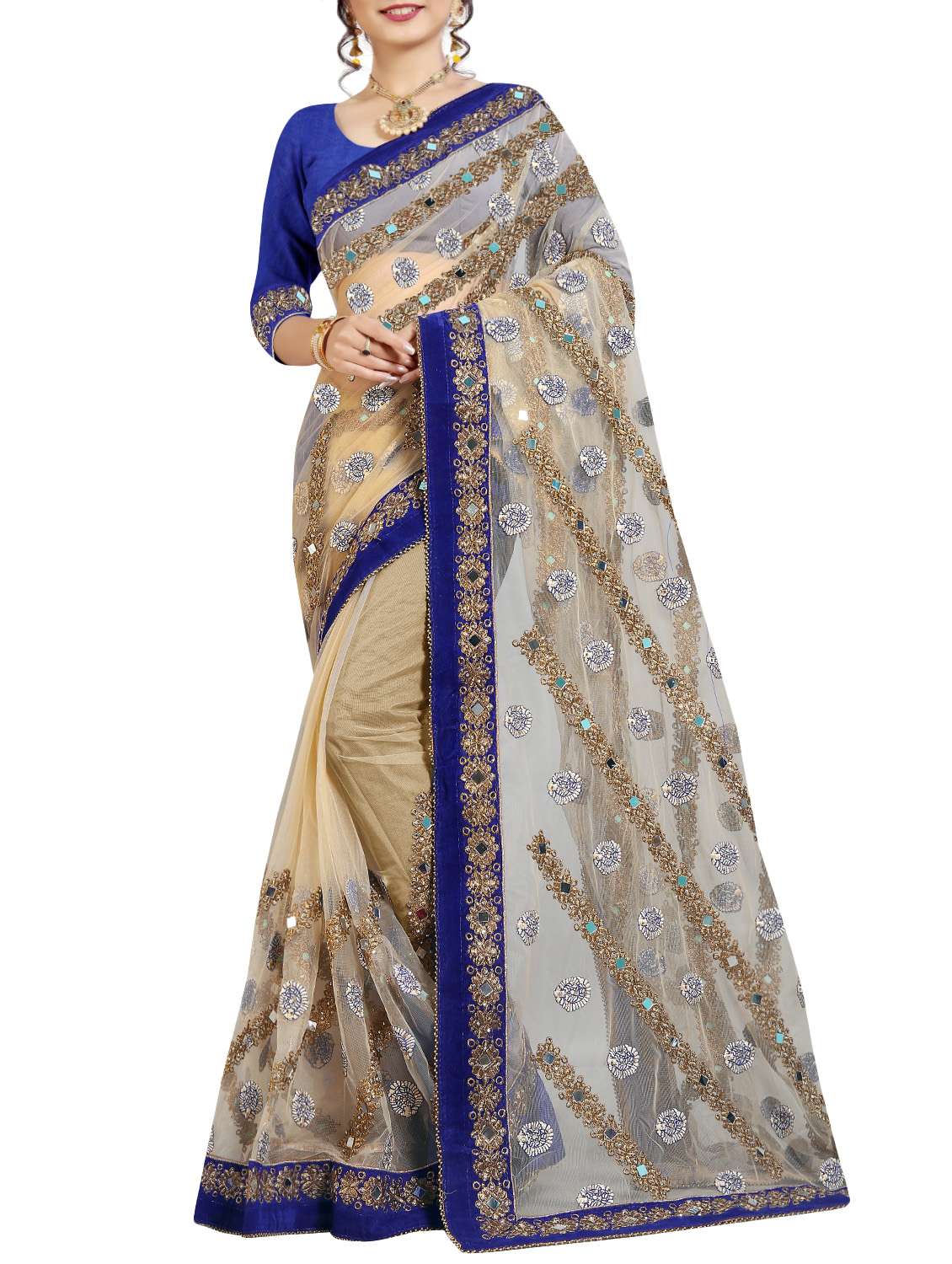 mirror embellished beige saree with blouse