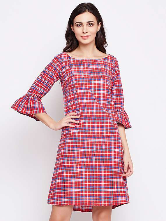 checkered bell sleeved shift dress