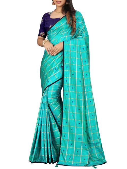 mirror work checkered turquoise embroidered saree with blouse - 15819319 -  Standard Image - 0