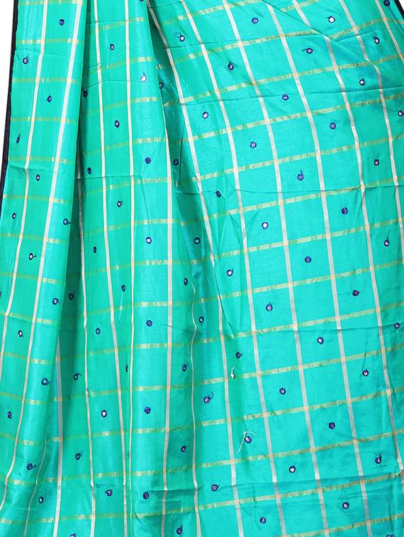 mirror work checkered turquoise embroidered saree with blouse - 15819319 - Standard Image - 3