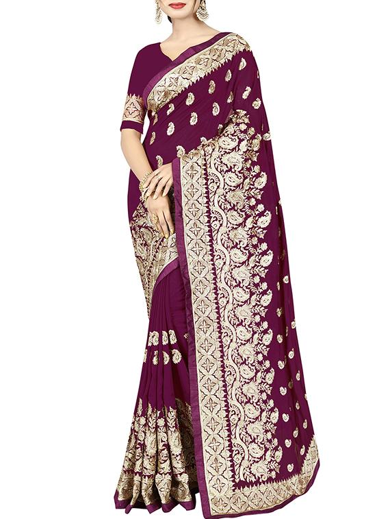 paisley resham embroidered purple saree with blouse - 15819766 - Zoom Image - 0
