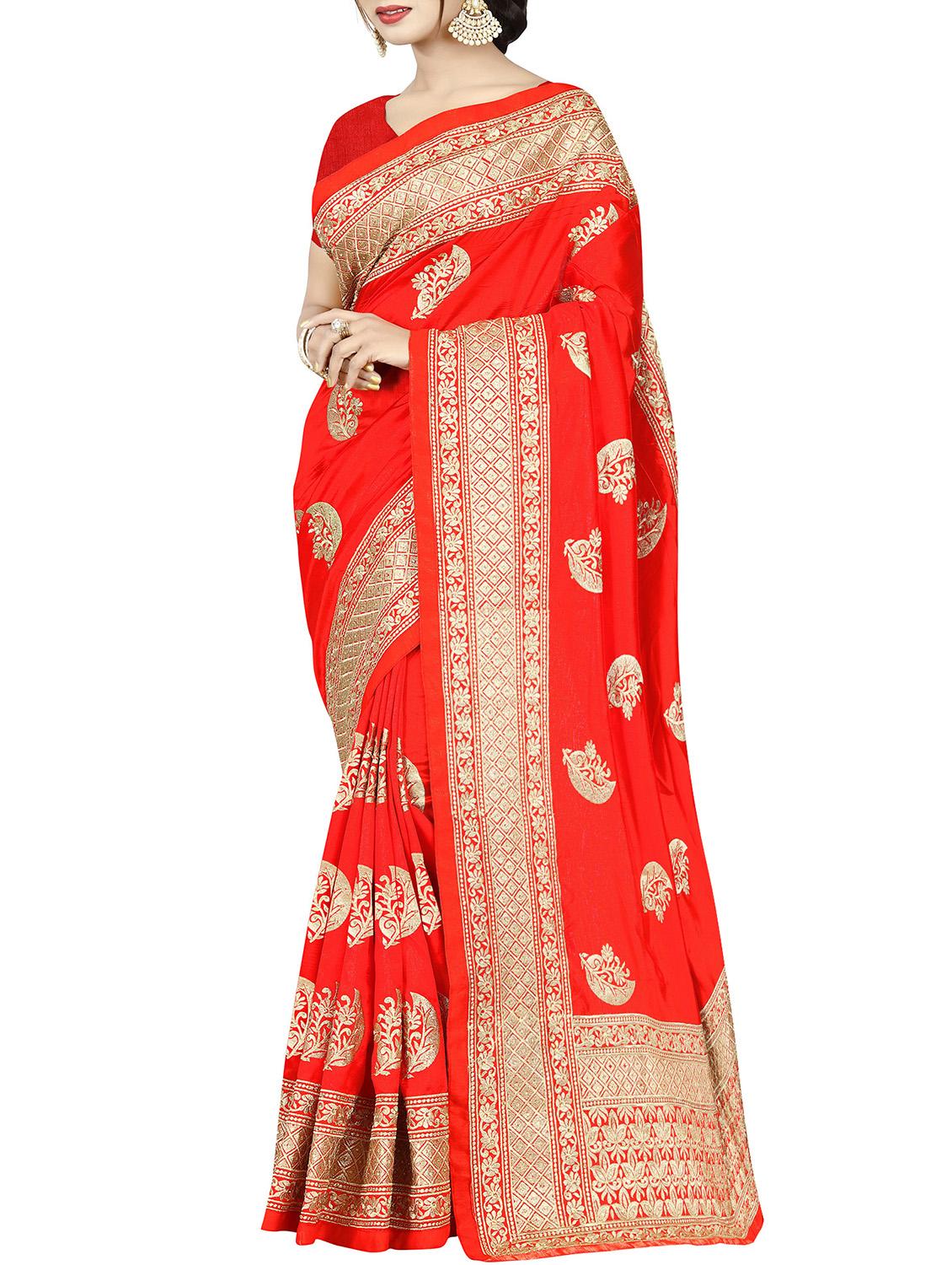 floral embroidered orange saree with blouse - 15819776 -  Zoom Image - 0
