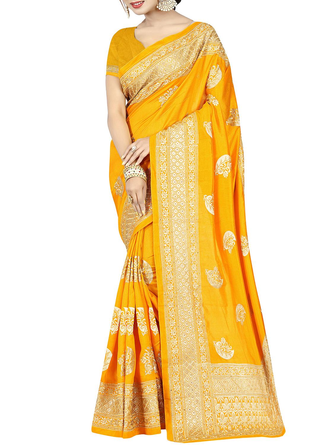 floral embroidered mustard saree with blouse - 15819778 -  Zoom Image - 0