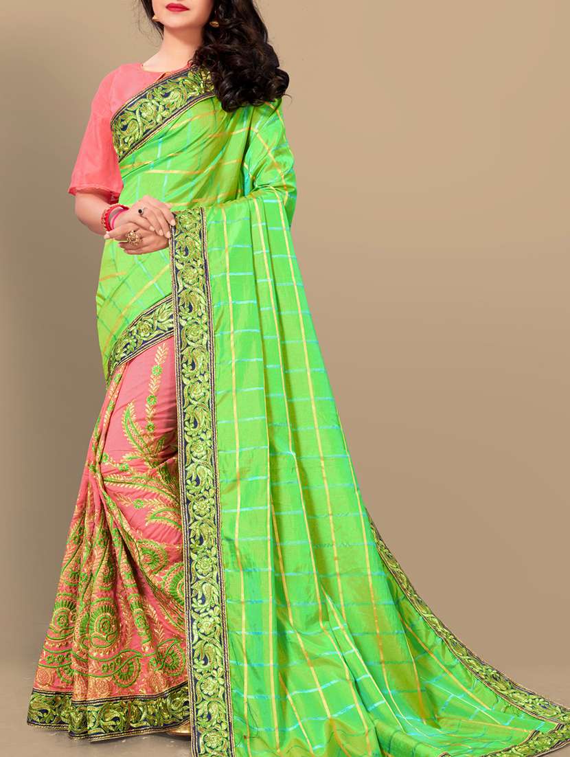 checkered embroidered half & half saree with blouse