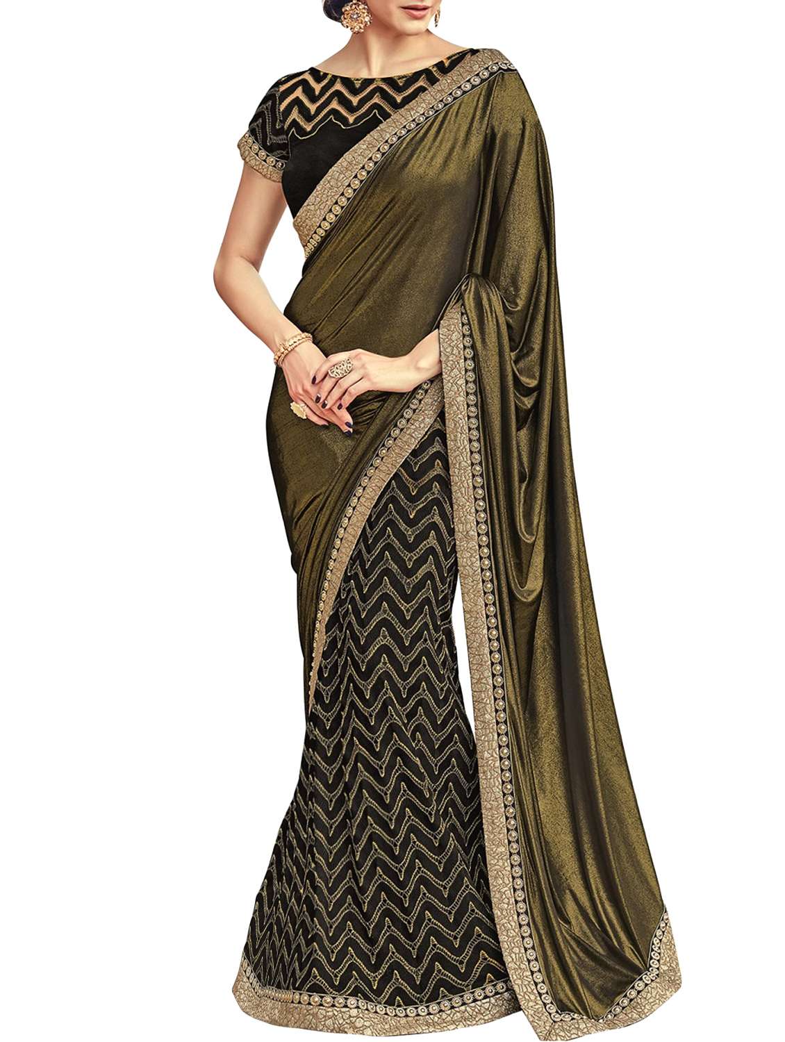chevron embroidered half & half saree with blouse